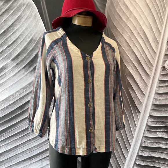Anthropologie Cloth & Stone Top M Striped Denim Nubby Cotton Button Front - Picture 12 of 14
